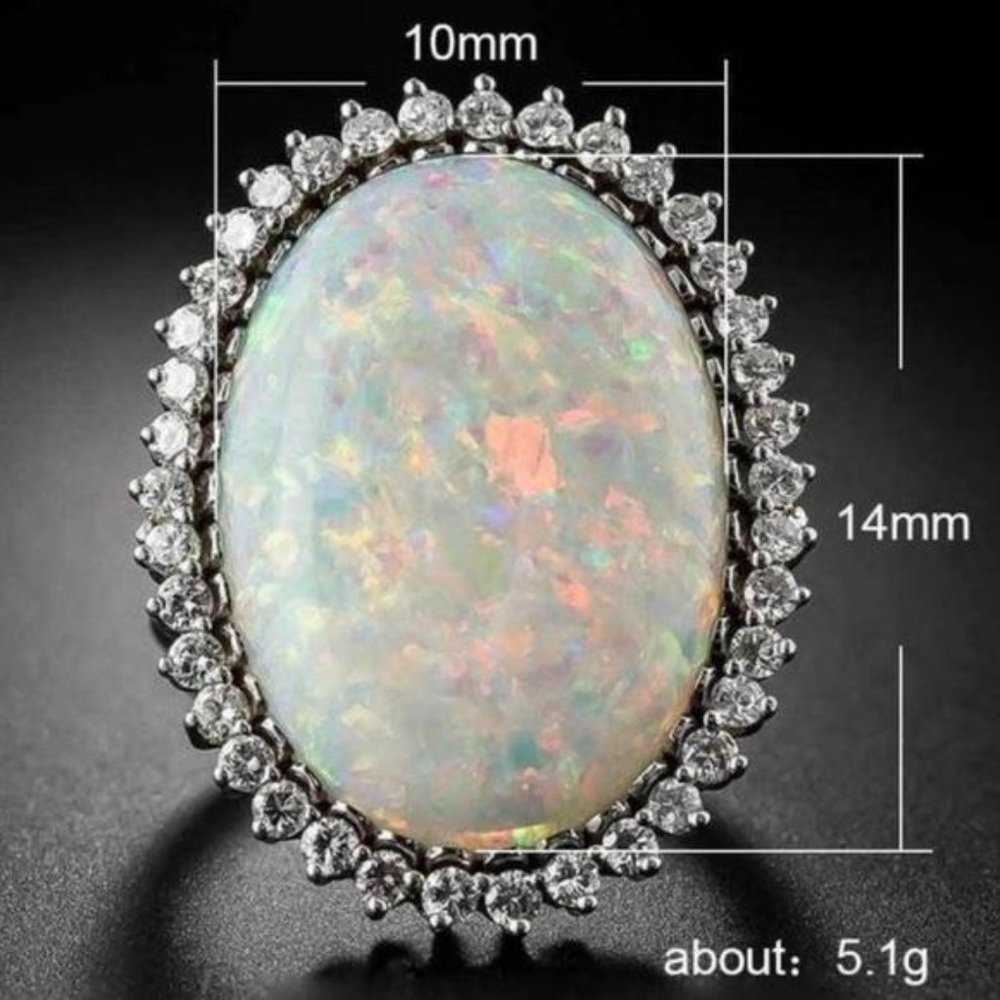 NEW HUGE OPAL DIAMOND HALO STERLING SILVER RING, CUTE RING, SHINY RING. - Picture 6 of 6